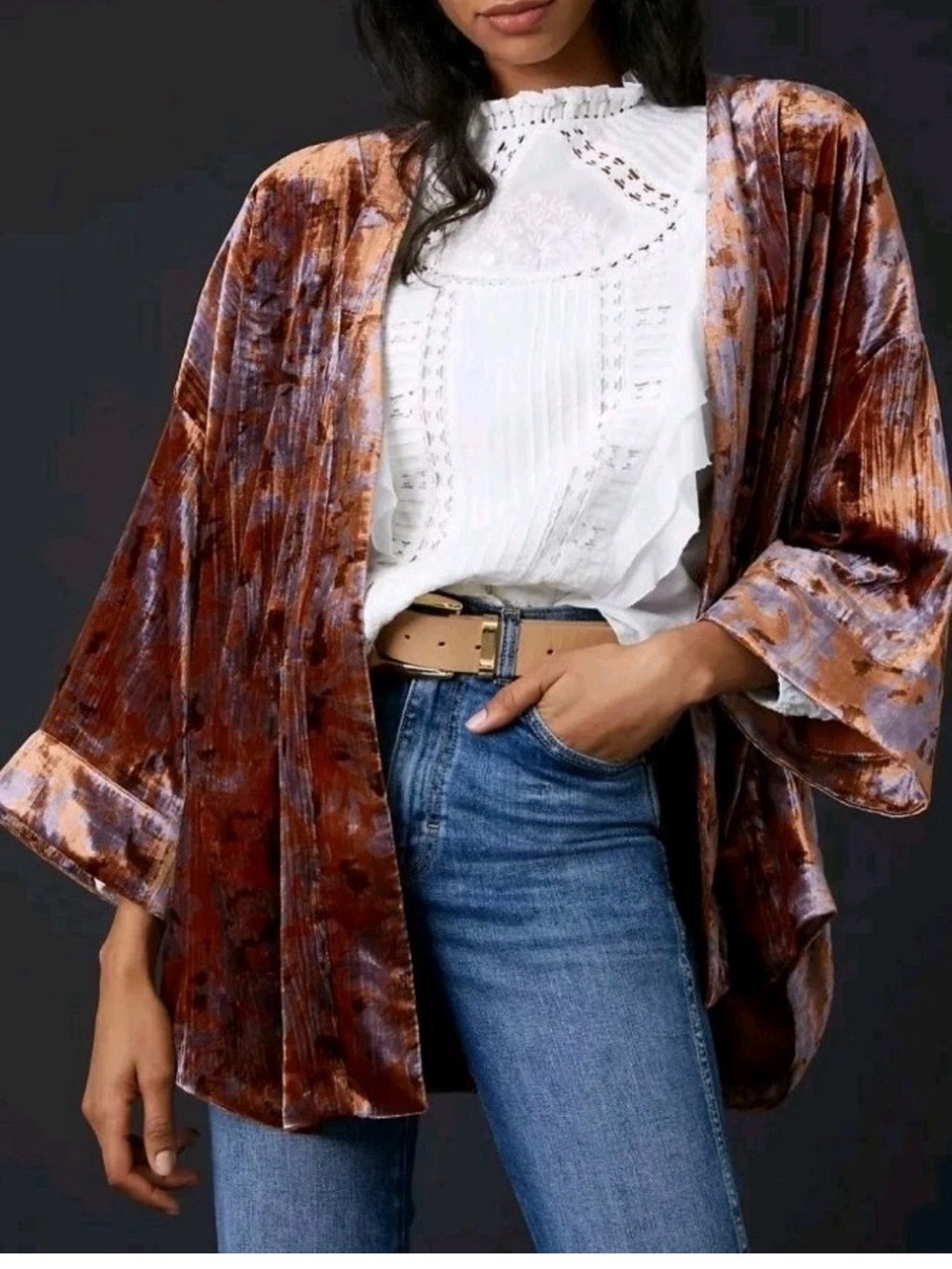 NWT Anthropologie Esme Velvet Kimono Jacket Copper Purple Floral XL